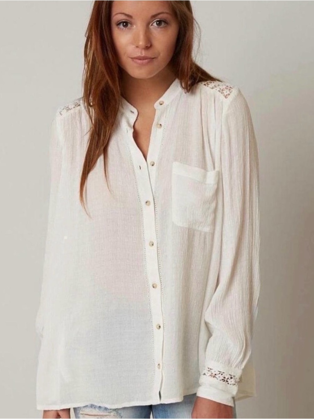 Free People White Gauze Lace Blouse M Oversized Boho Tunic Cottagecore